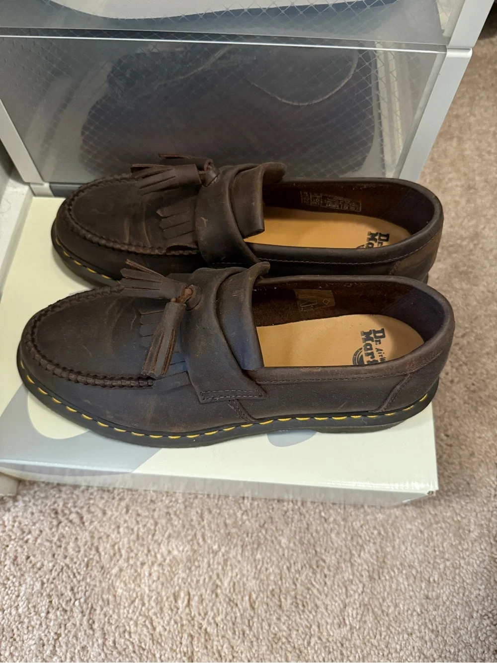Dr. Martens Dark Brown Tassel Kiltie Loafers with Yellow Stitching